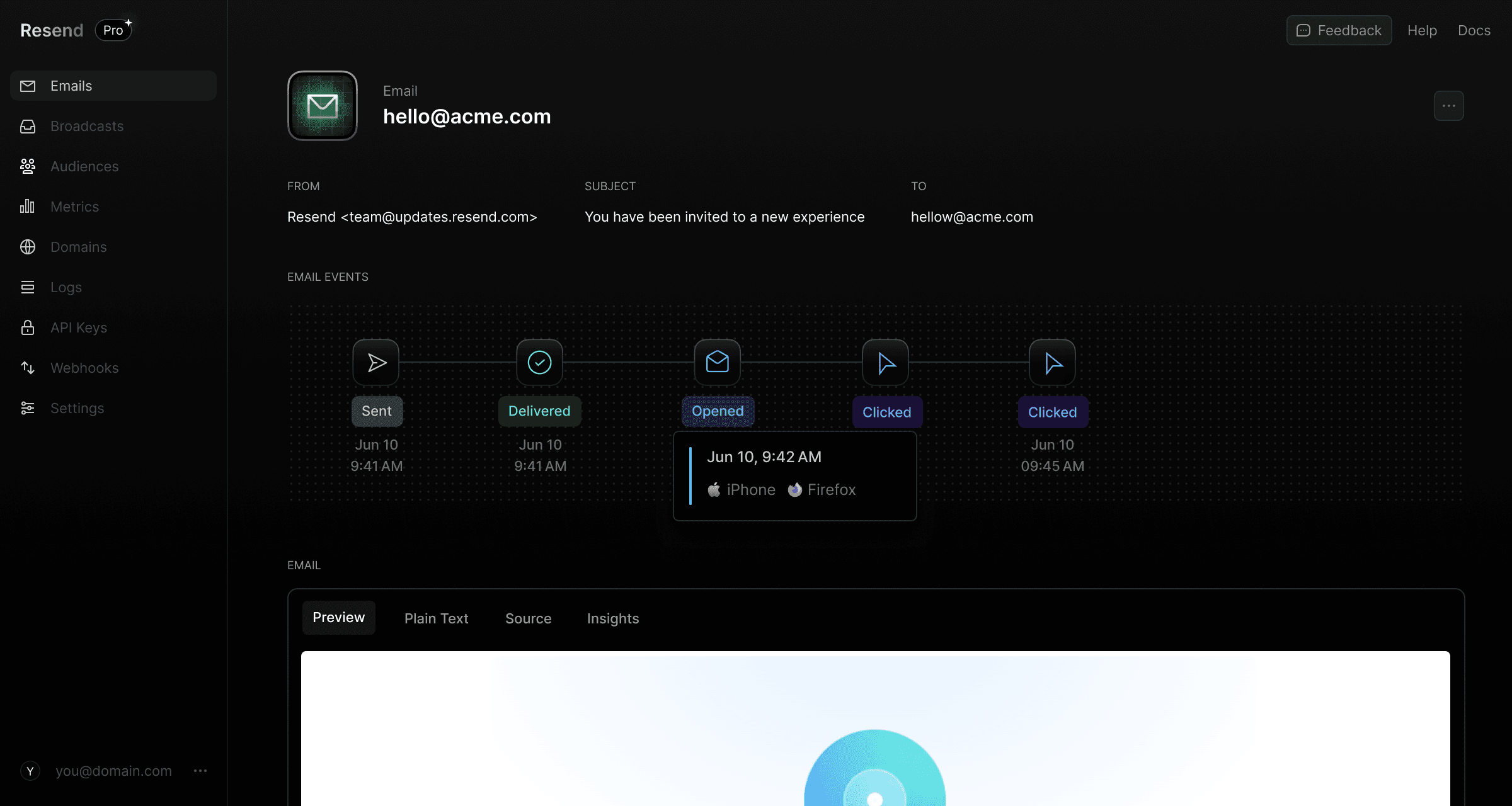 Resend Dashboard - Email Events